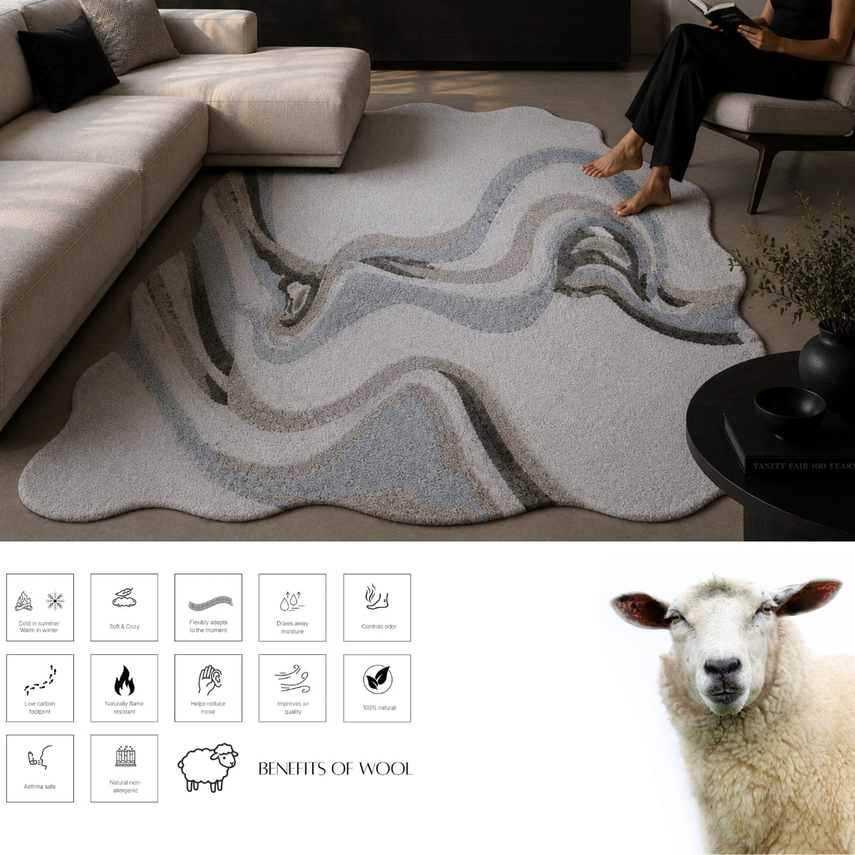 Ivory & Beige Abstract Wave Wool & Silk Rug — Shaped 3