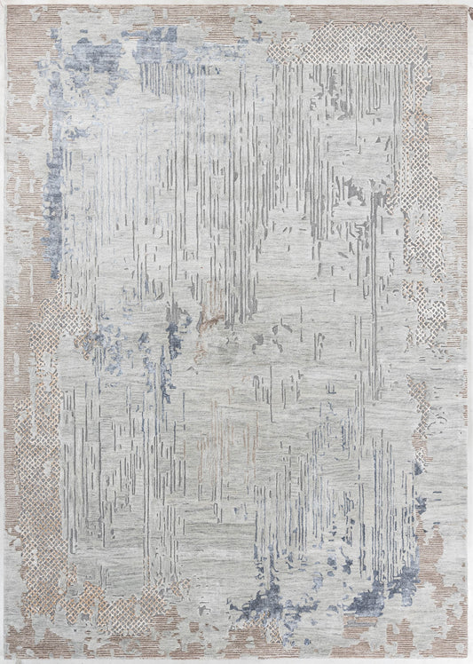 Denim handmade wool and silk rug in soft grey, ivory, beige and denim blue