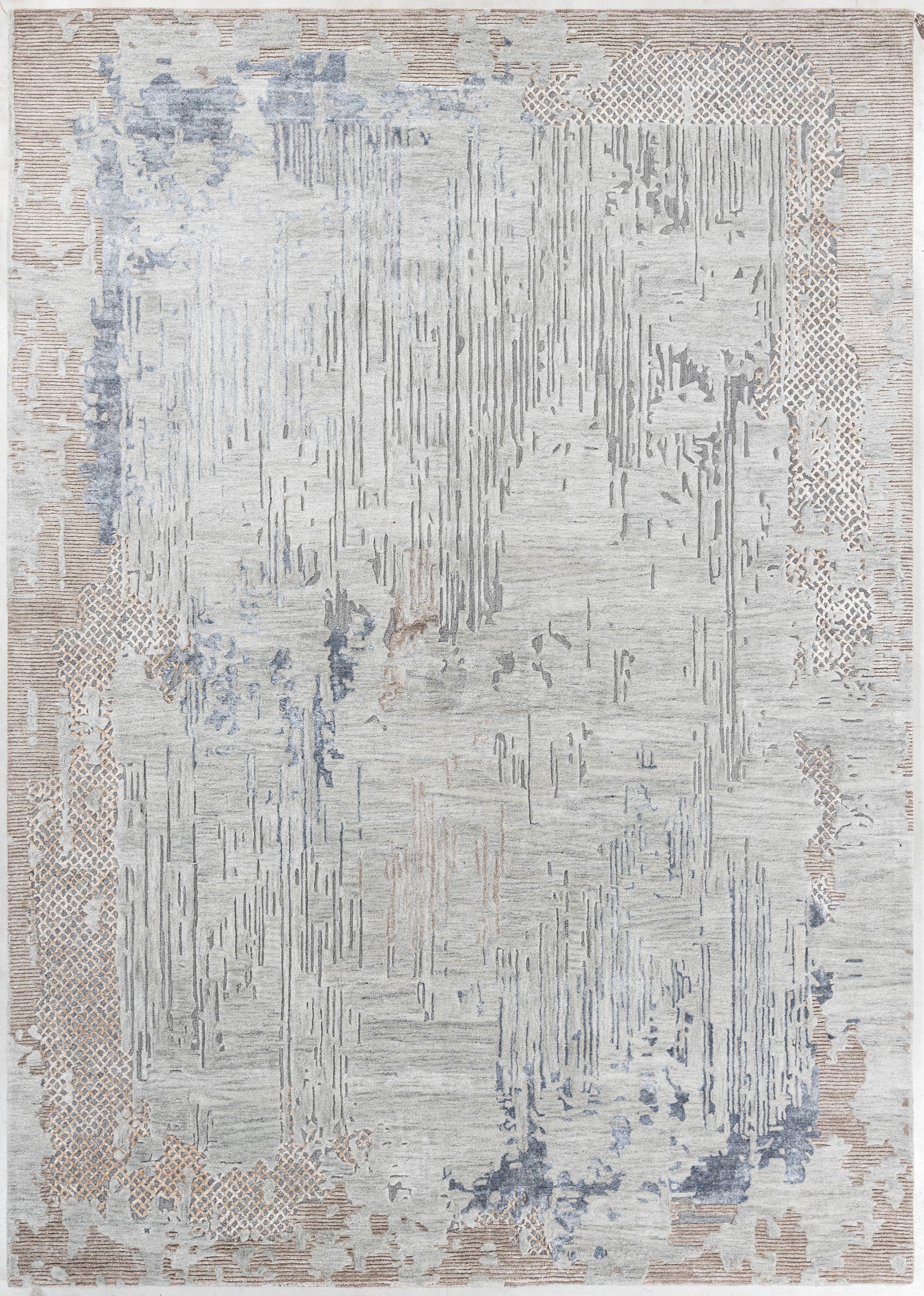 Denim handmade wool and silk rug in soft grey, ivory, beige and denim blue