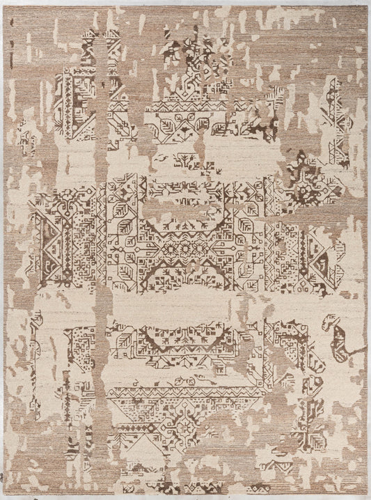 Ivory distressed traditional handmade wool and silk rug in ivory, beige and taupe