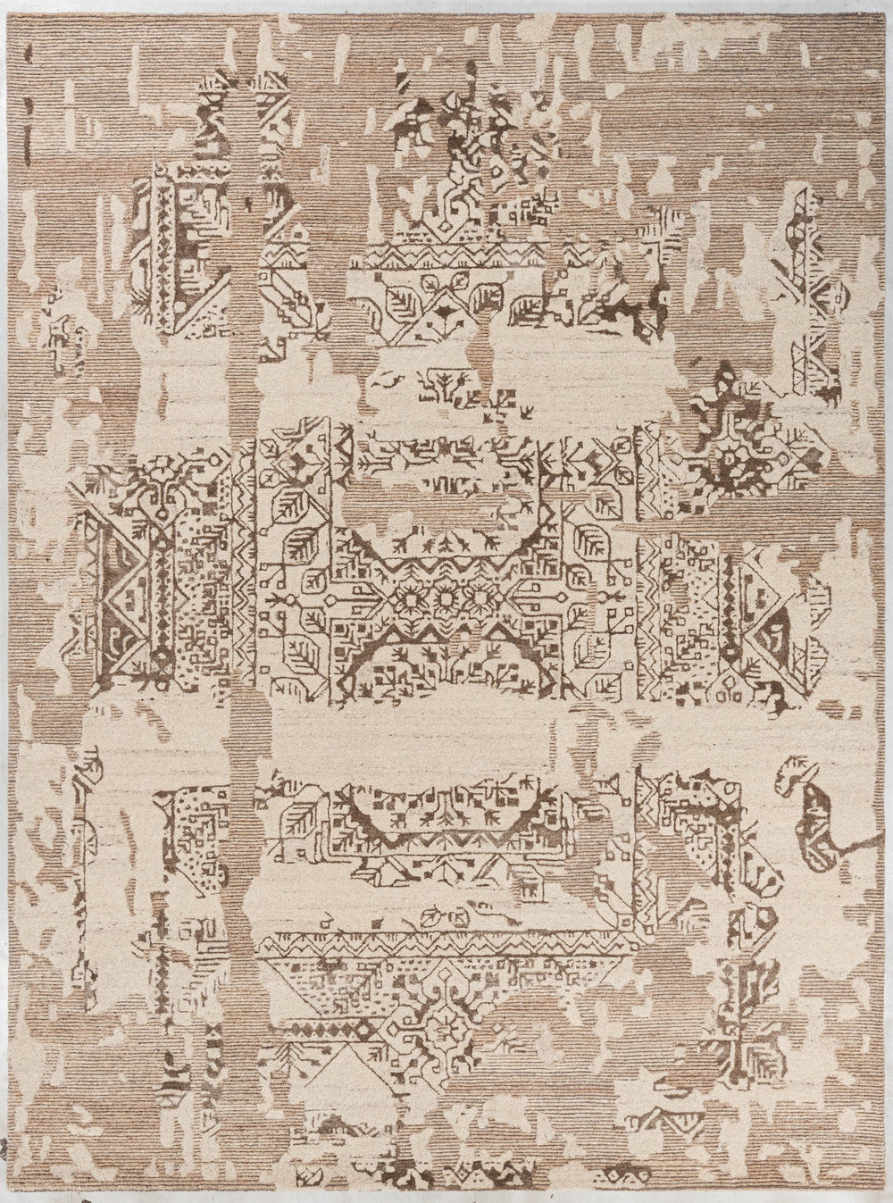 Ivory distressed traditional handmade wool and silk rug in ivory, beige and taupe