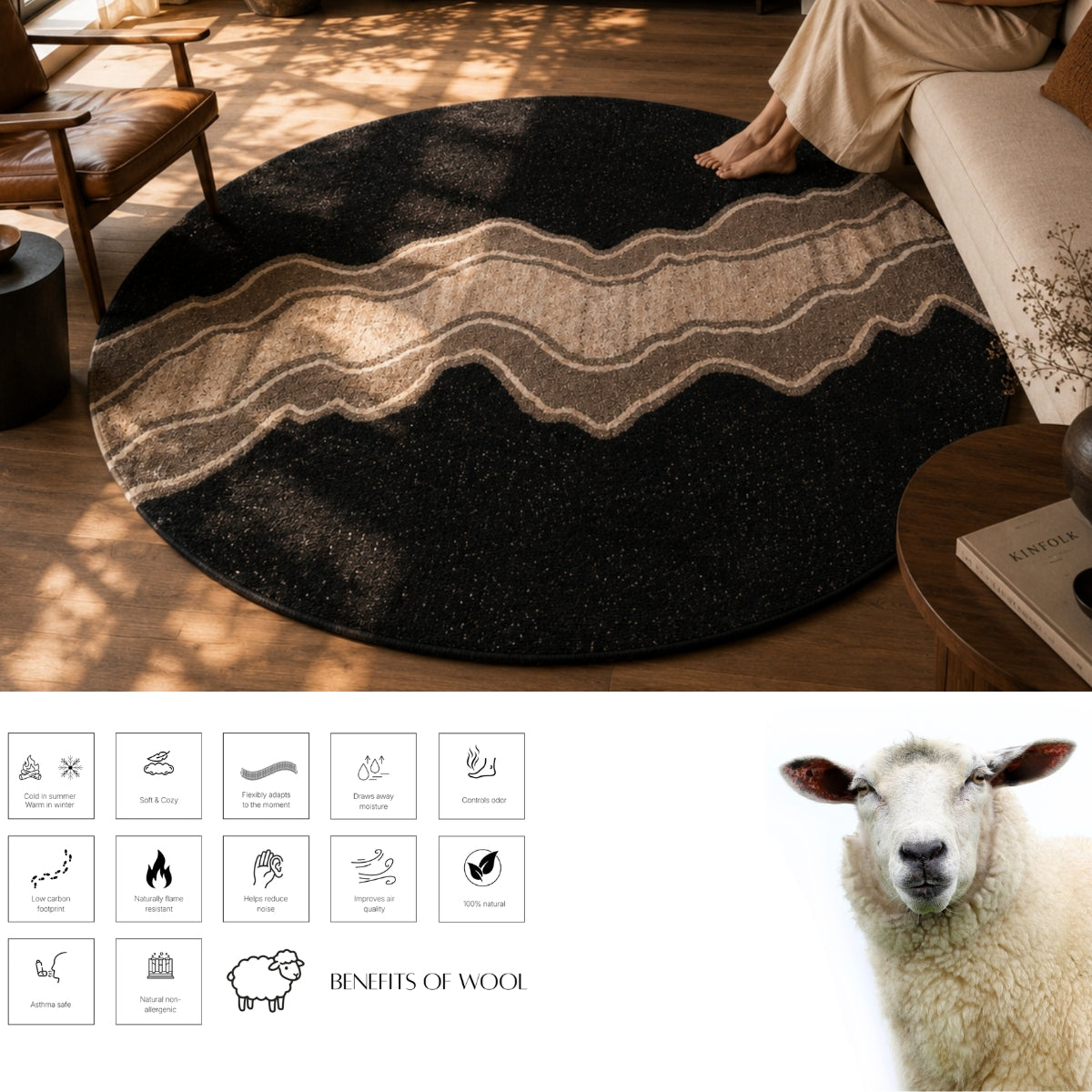 Ivory, Beige & Black Abstract Curve Natural Wool Rug — Round 3