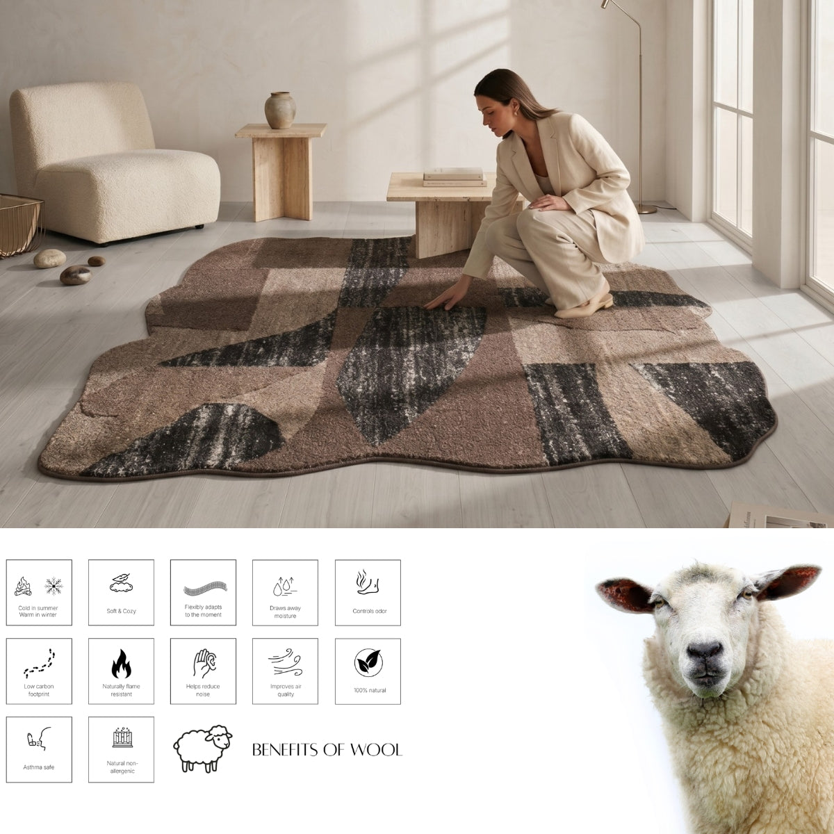 Brown, Taupe & Black Abstract Geometric Wool Rug — Shaped 3