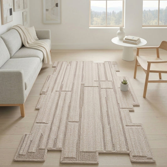 Ivory Beige Linear Textured Wool Rug — Shaped 1
