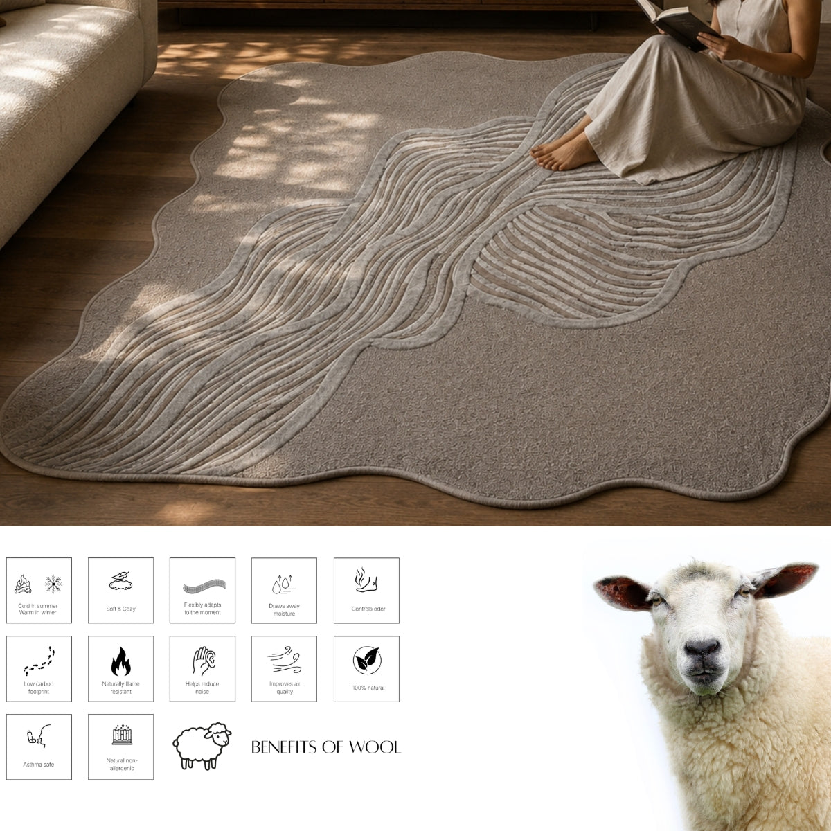Ivory, Grey & Charcoal Abstract Flow Wool & Silk Rug — Shaped 2