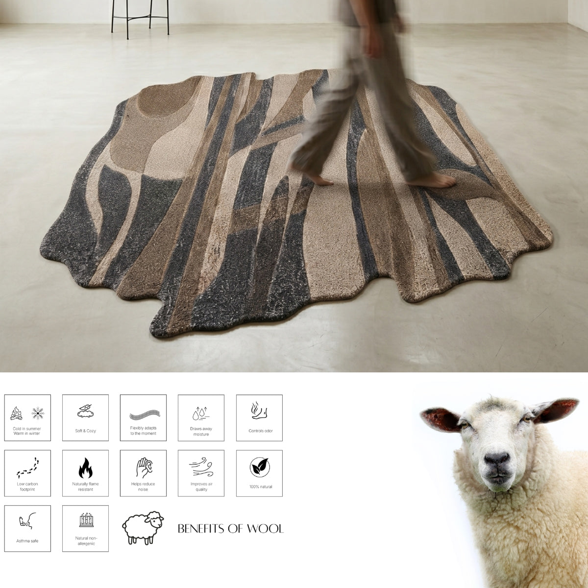 Brown, Beige & Charcoal Abstract Stripe Natural Wool Rug — Shaped 5