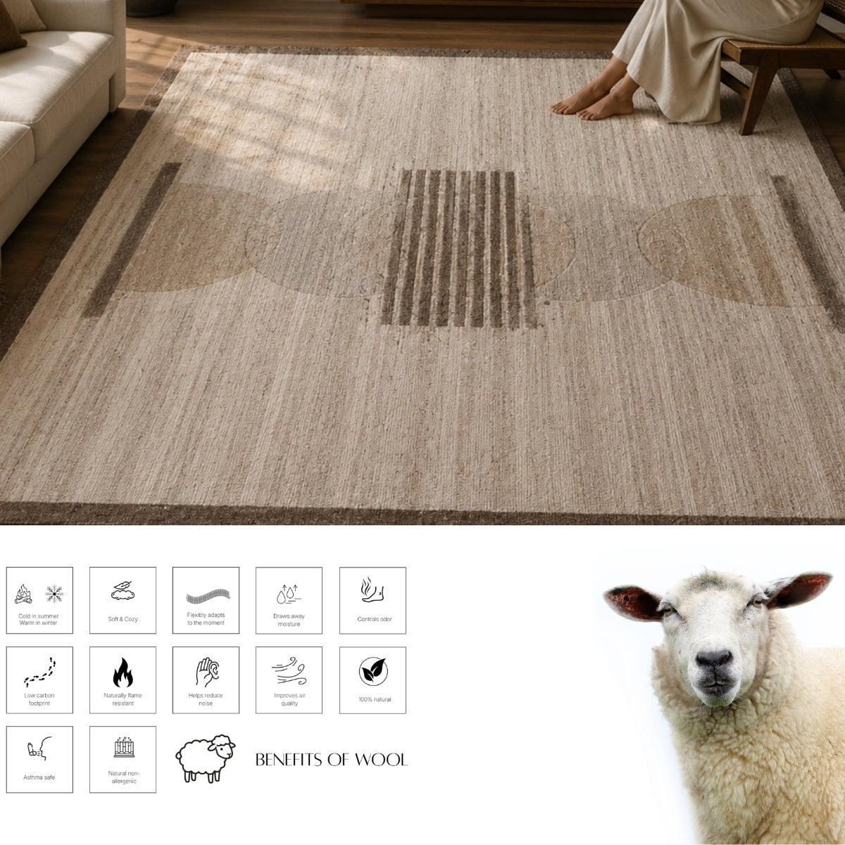Ivory, Beige & Brown Geometric Border Wool Rug — Square 2