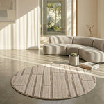 Ivory Beige Linear Textured Wool Rug Round