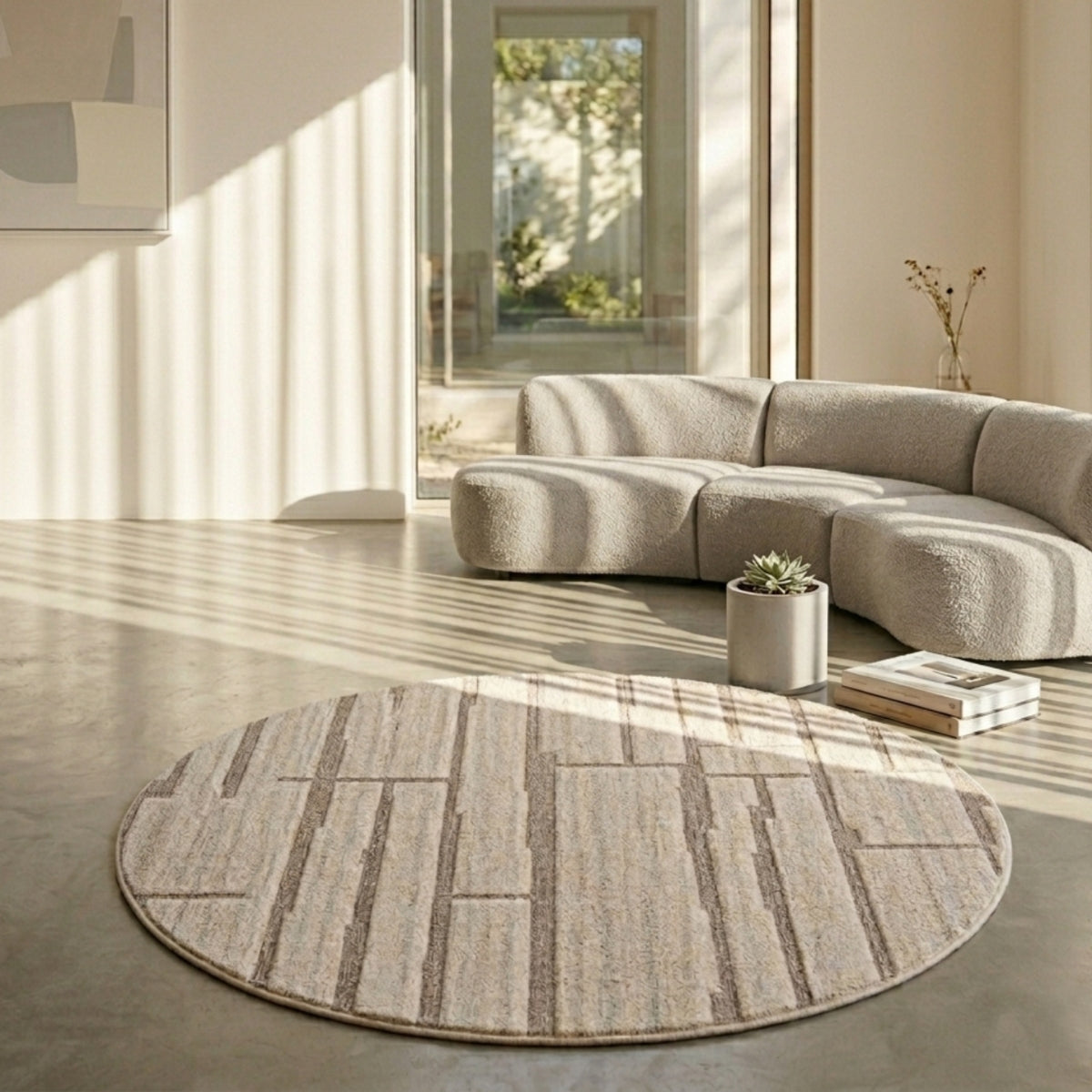 Ivory Beige Linear Textured Wool Rug — Round 1