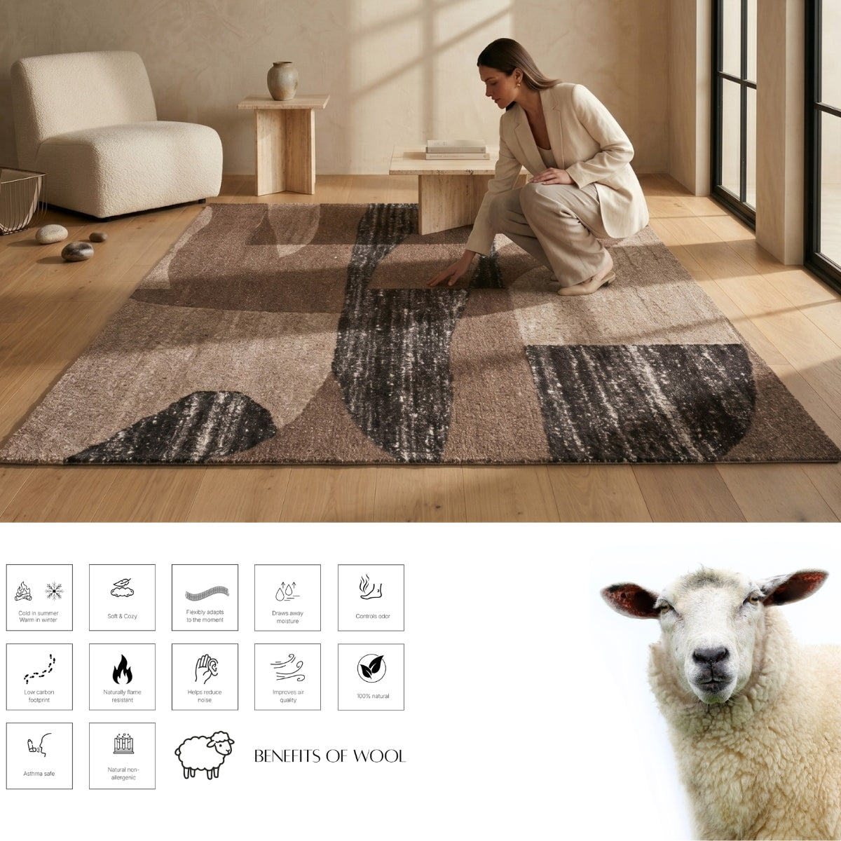 Brown, Beige & Black Abstract Organic Wool Rug — Square 2