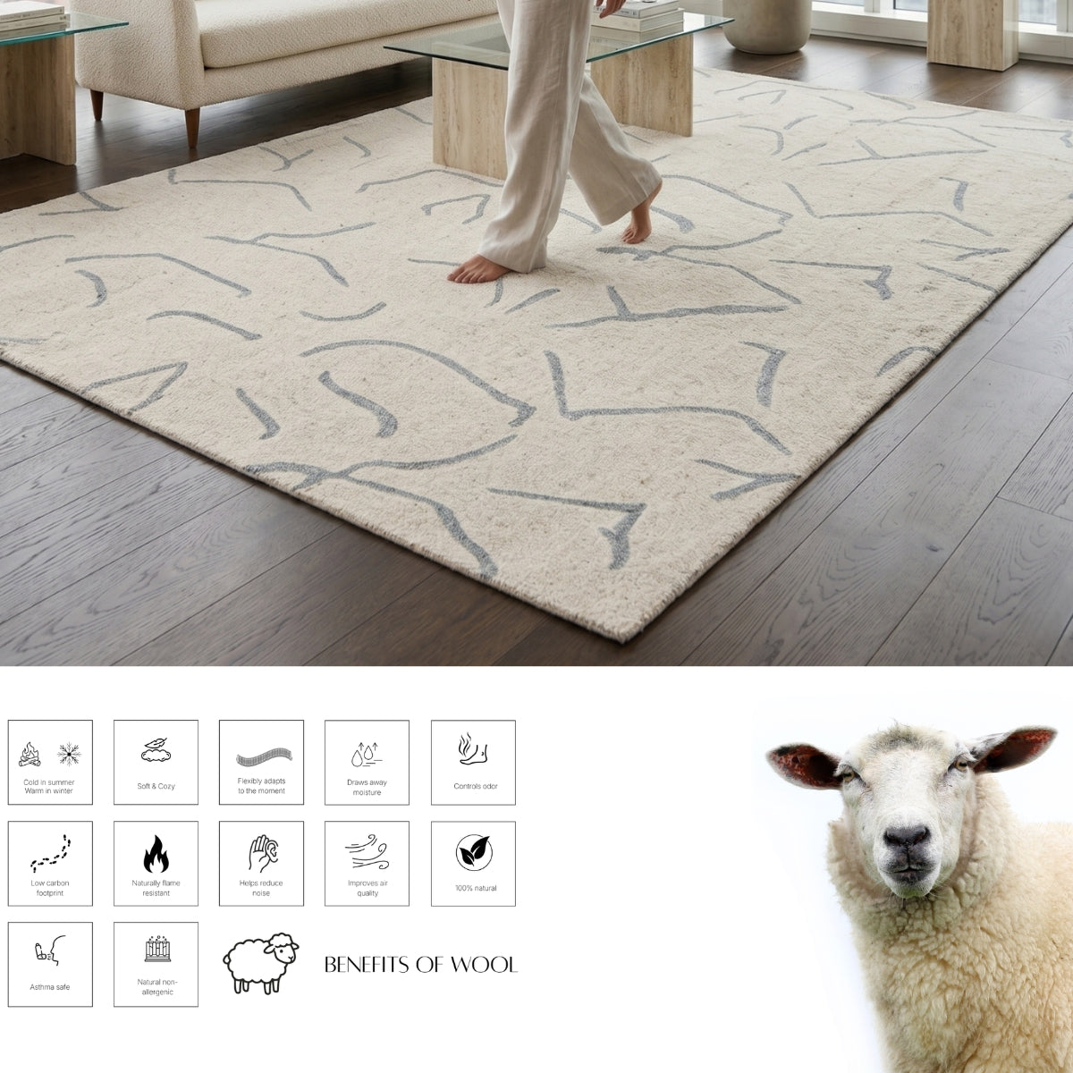 Ivory & Grey Abstract Branch Pattern Wool Rug — Square 2