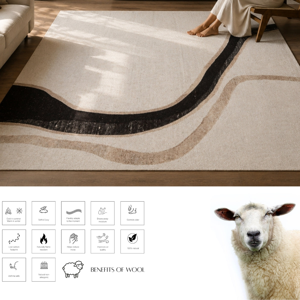 Ivory, Beige & Black Abstract Curve Natural Wool Rug — Square 2