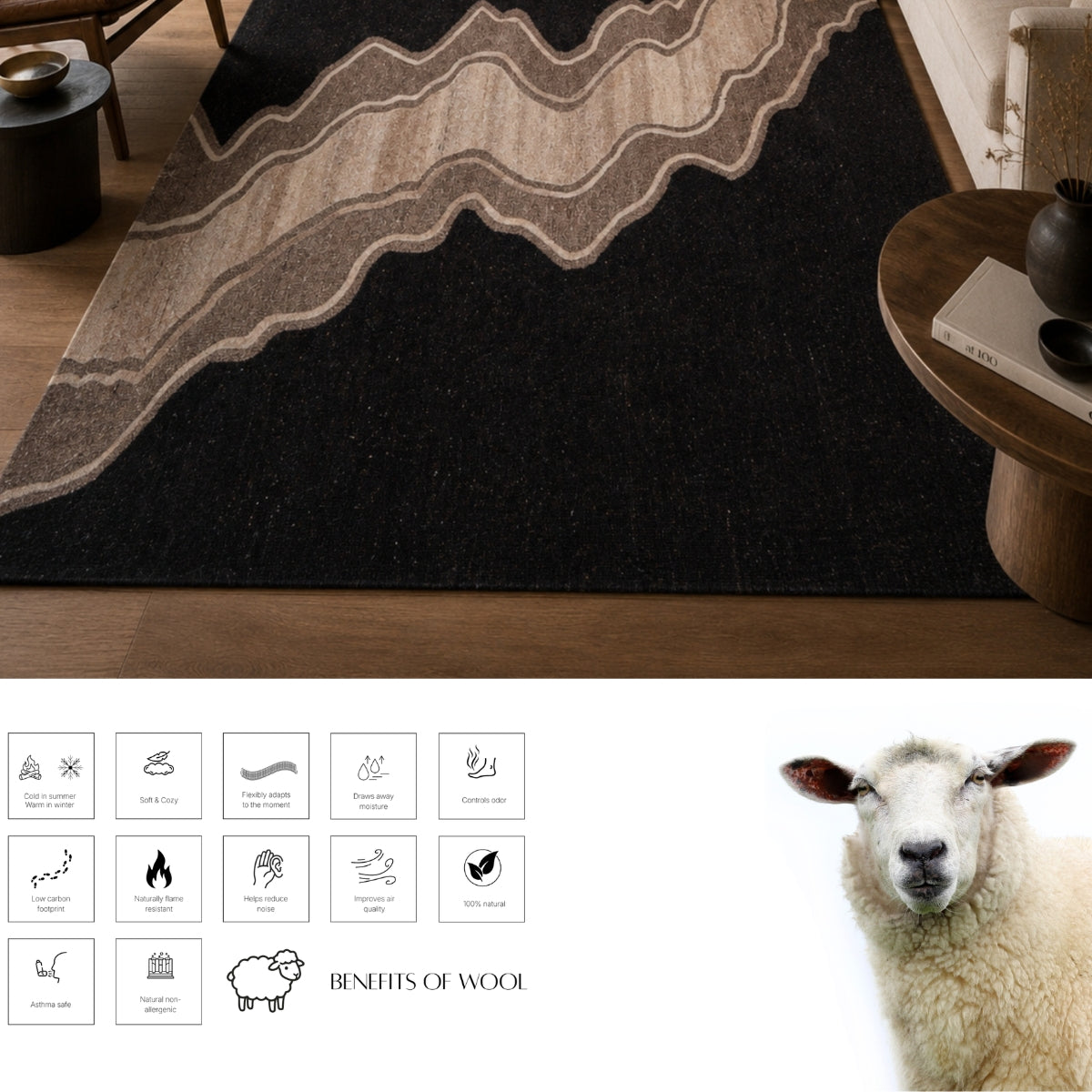 Black, Beige & Taupe Abstract Wave Natural Wool Rug — Square 2