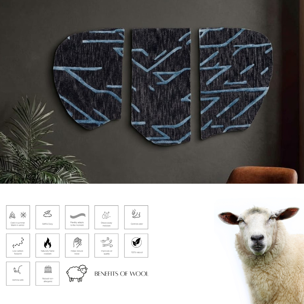 Charcoal Grey & Teal Abstract Line Wool Silk Wall Art (3-Panel Set) 8