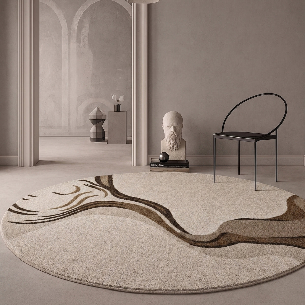 Ivory & Brown Abstract Wave Wool Rug — Round 2