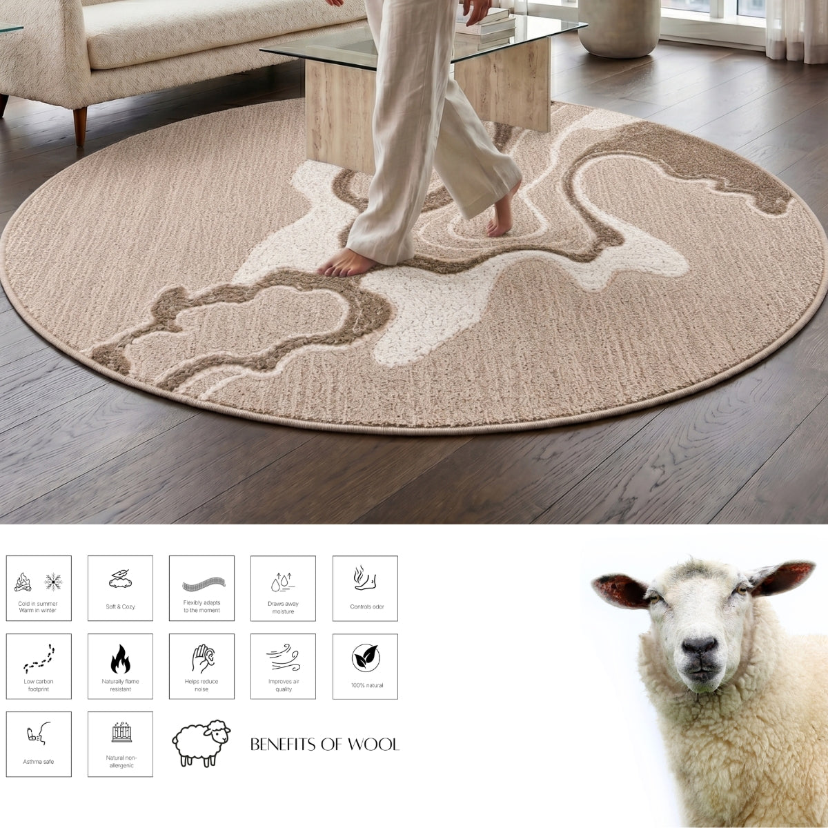 Black, Beige & Taupe Abstract Wave Natural Wool Rug — Round 3