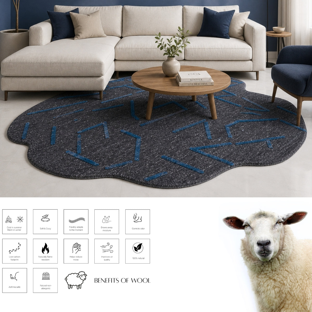 Black & Teal Abstract Geometric Wool Silk Rug — Shaped 2
