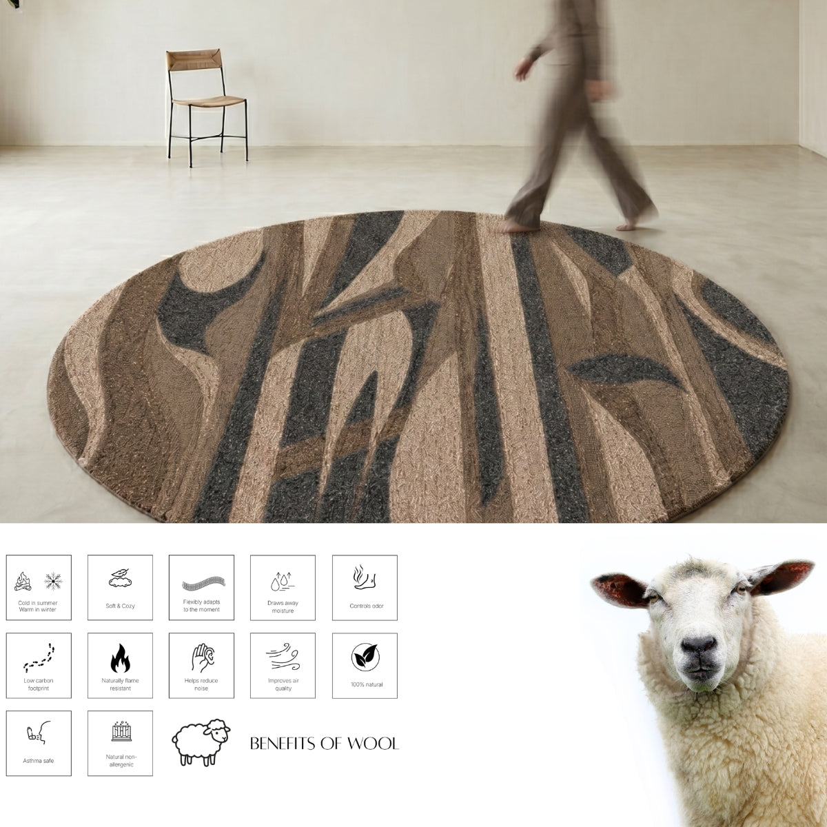 Brown, Beige & Charcoal Abstract Stripe Natural Wool Rug — Round 5