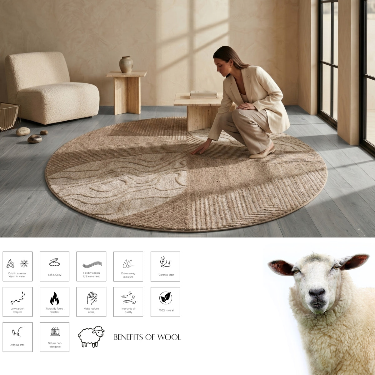 Brown, Beige & Black Abstract Leaf Pattern Wool Rug — Round 3