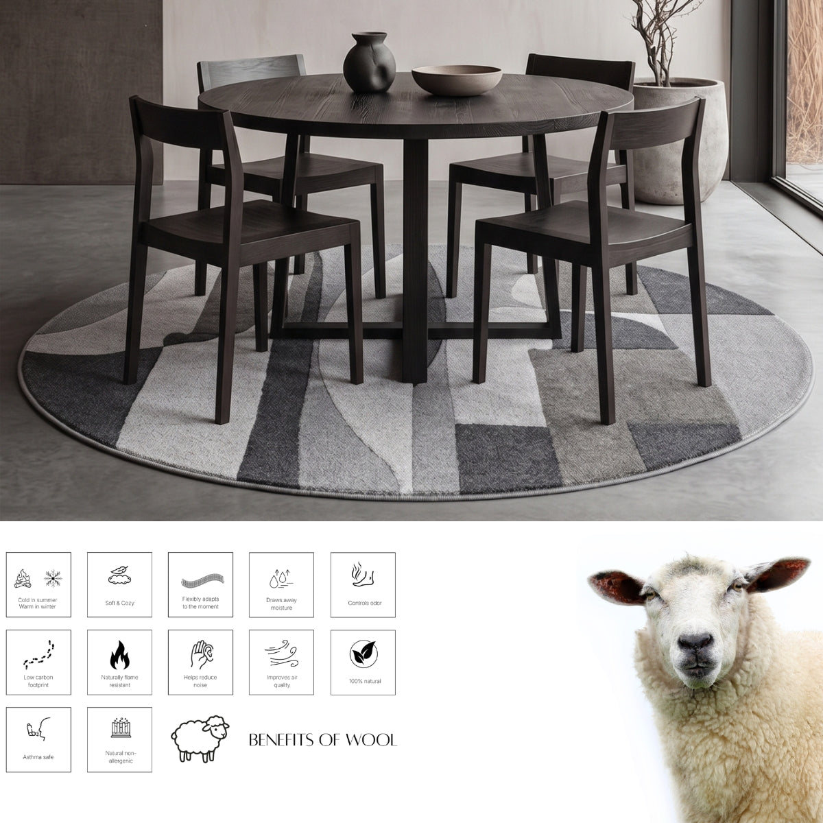 Beige, Grey & Black Abstract Stripe Wool Rug — Round 3
