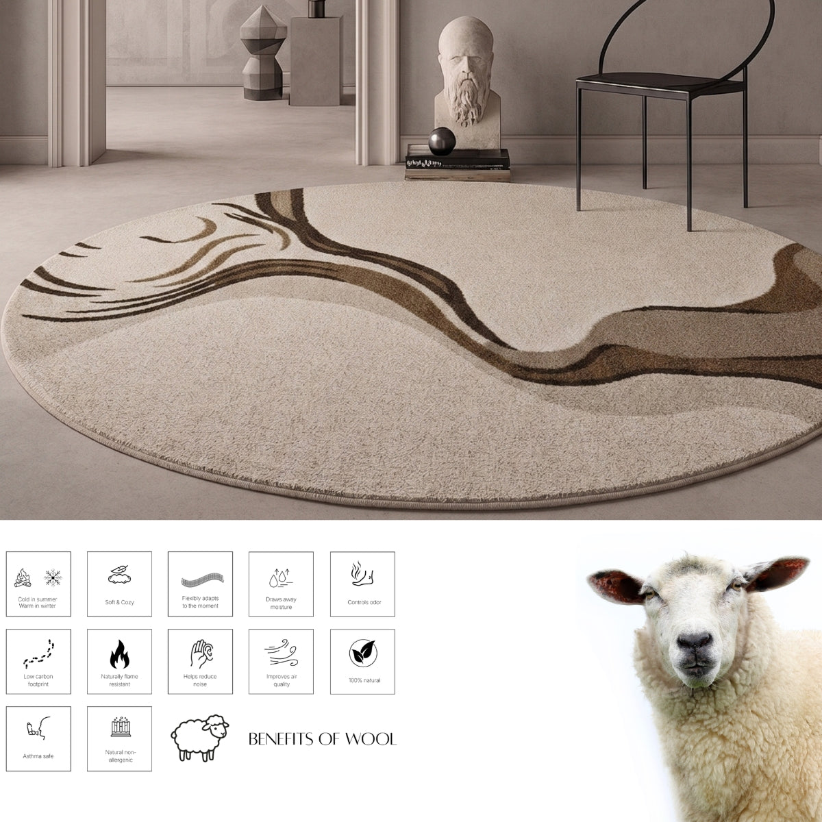 Ivory & Brown Abstract Wave Wool Rug — Round 3