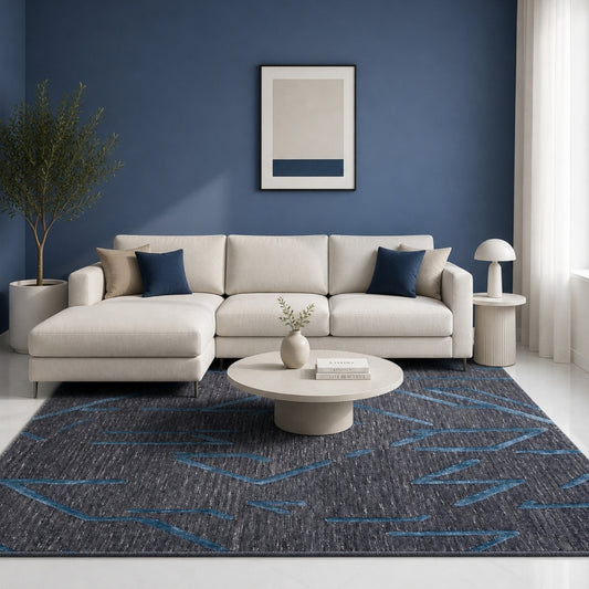 Black & Teal Abstract Geometric Wool Silk Rug — Square 1