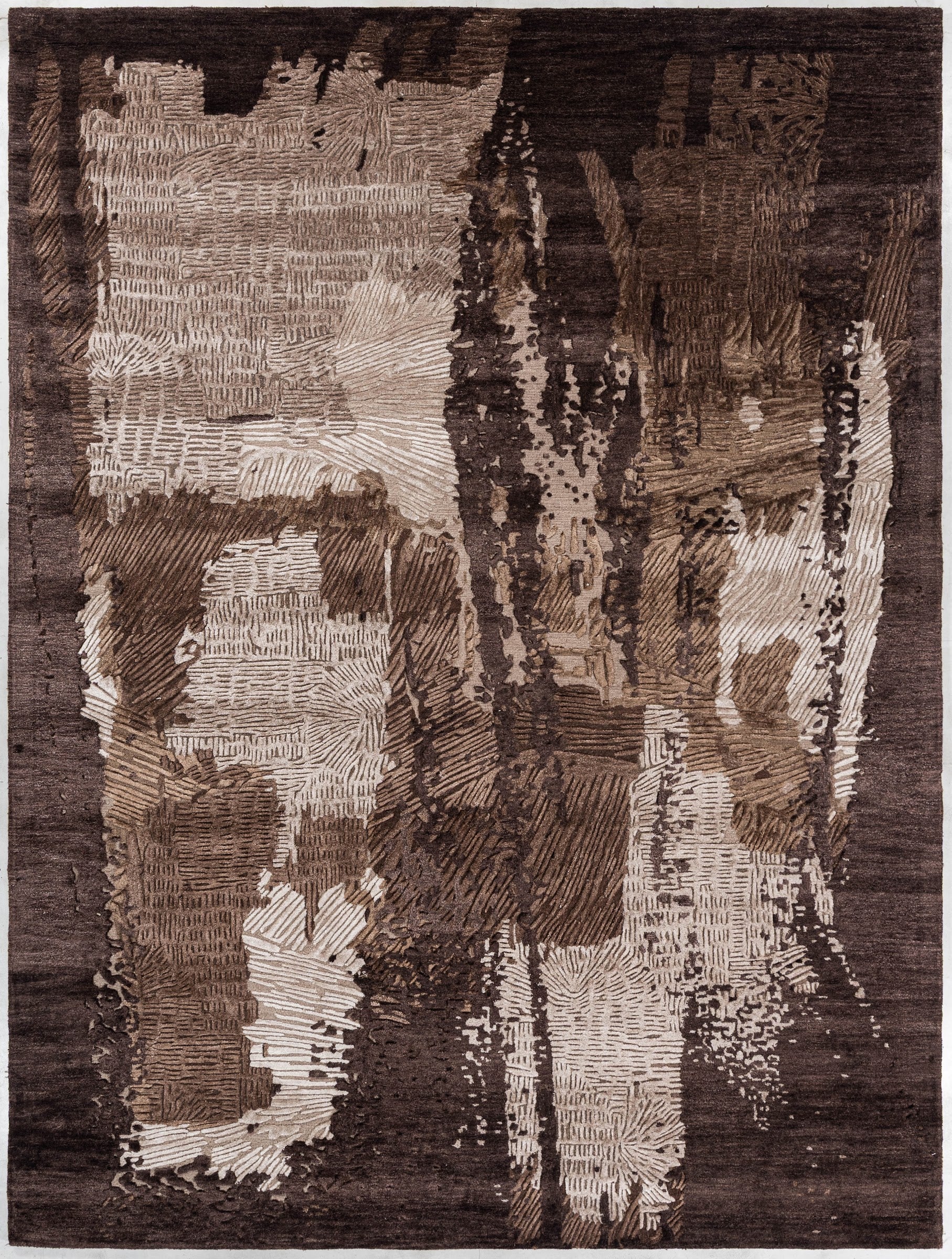 Chocolate handmade New Zealand wool and silk rug in chocolate brown, taupe and ivory