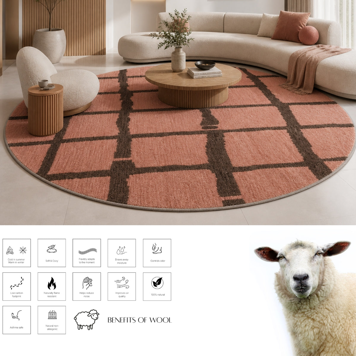 Blush Pink Modern Block Pattern Wool Rug — Round 3