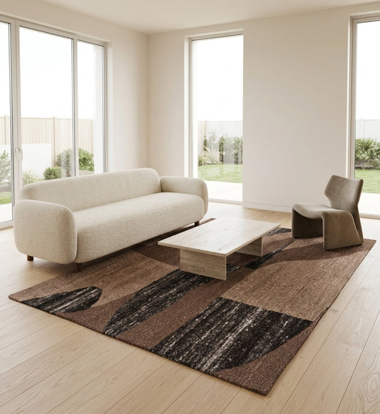 Brown, Beige & Black Abstract Organic Wool Rug Rectangular