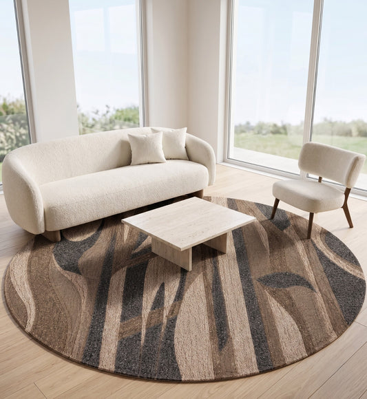 Brown, Beige & Charcoal Abstract Stripe Natural Wool Rug Round