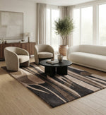 Brown, Beige & Charcoal Abstract Stripe Natural Wool Rug Rectangular