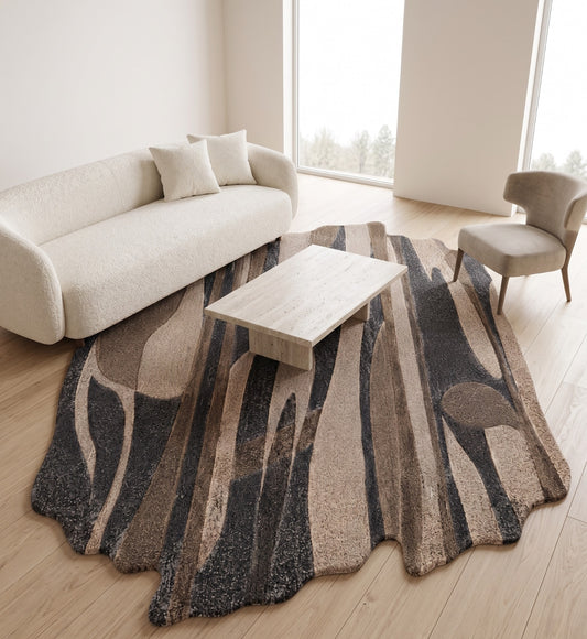 Brown, Beige & Charcoal Abstract Stripe Natural Wool Rug Shaped