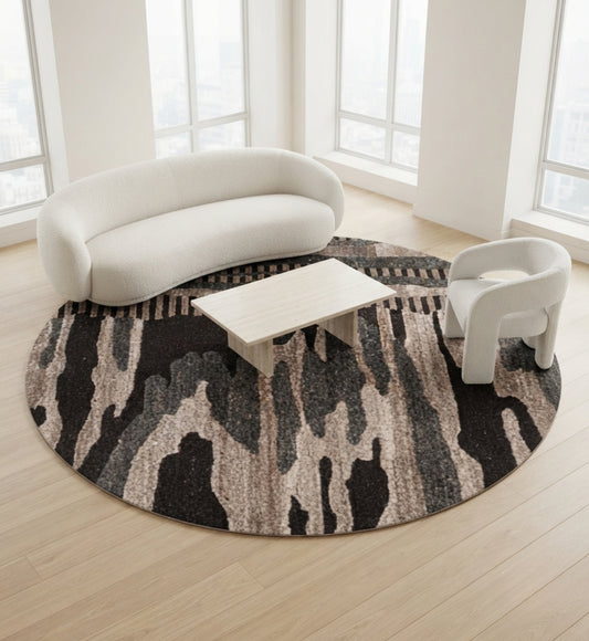 Brown, Charcoal & Beige Abstract Drip Pattern Natural Wool Rug Round