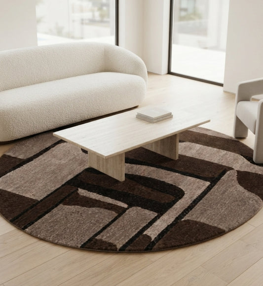 Brown, Taupe & Black Abstract Geometric Wool Rug Round