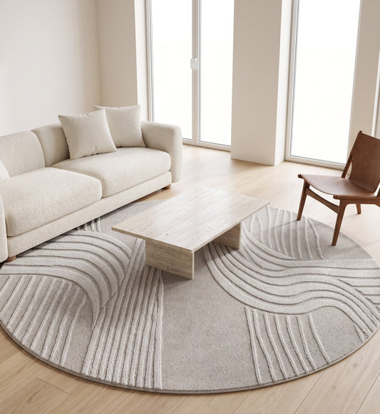 Taupe & Ivory Abstract Linear Wool & Silk Rug Round