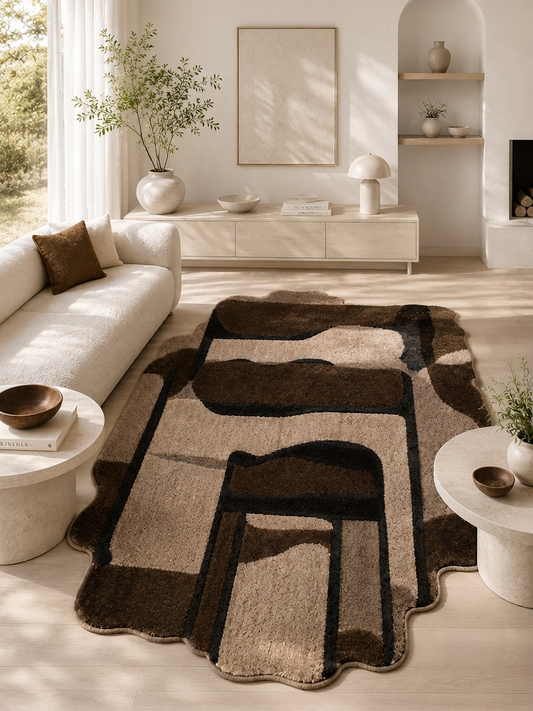 Brown, Taupe & Black Abstract Geometric Wool Rug Shaped