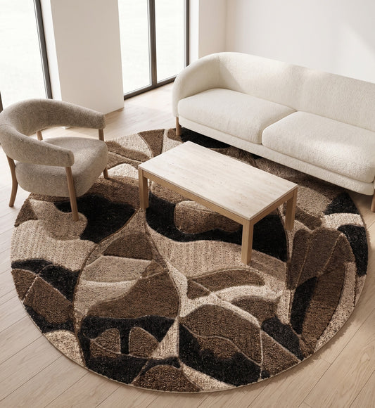 Beige, Grey & Black Abstract Stripe Wool Rug Round