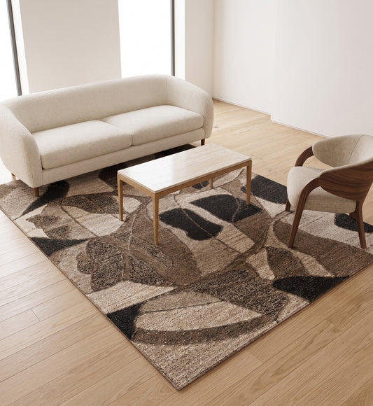 Beige, Grey & Black Abstract Stripe Wool Rug Rectangular