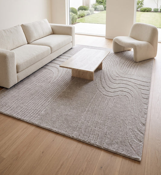 Ivory & Beige Abstract Wave Wool & Silk Rug Rectangular