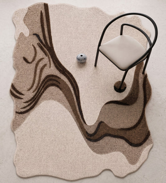 Ivory & Brown Abstract Wave Wool Rug Shaped