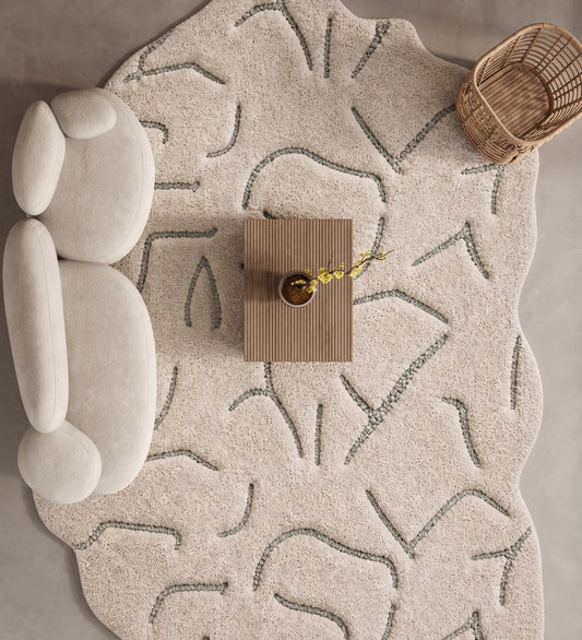 Ivory & Grey Abstract Branch Pattern Wool Rug Shaped
