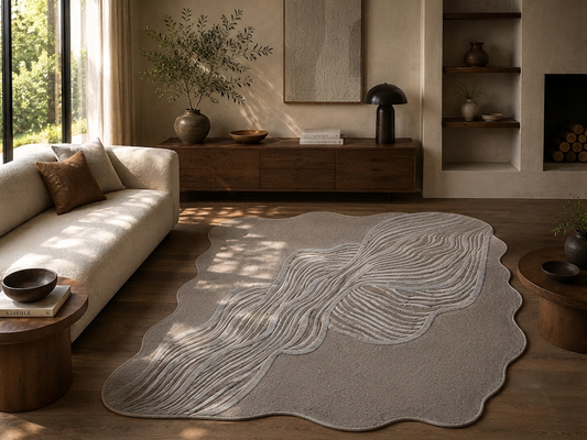 Taupe & Ivory Abstract Linear Wool & Silk Rug Shaped
