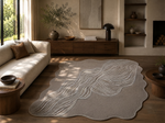Taupe & Ivory Abstract Linear Wool & Silk Rug Shaped