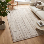 Ivory Beige Linear Textured Wool Rug Rectangular