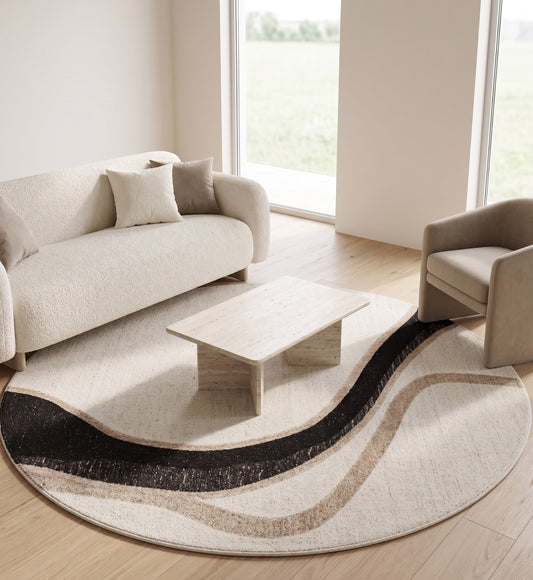 Ivory, Beige & Black Abstract Curve Natural Wool Rug Round