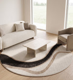 Ivory, Beige & Black Abstract Curve Natural Wool Rug Round