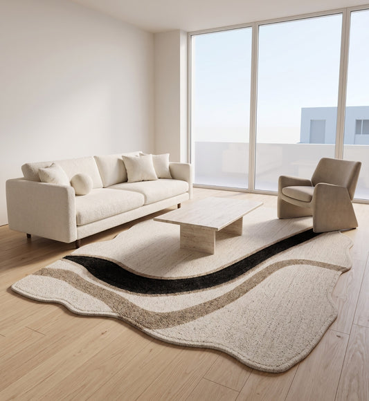 Ivory, Beige & Black Abstract Curve Natural Wool Rug Shaped
