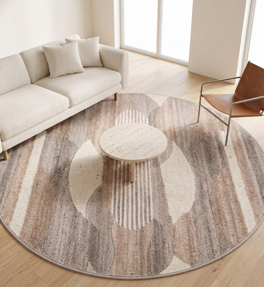 Ivory, Beige & Brown Geometric Border Wool Rug Round