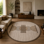 Ivory, Beige & Brown Geometric Border Wool Rug Round
