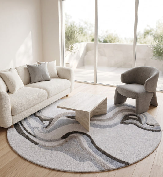 Ivory, Grey & Charcoal Abstract Flow Wool & Silk Rug Round